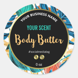Levendige tropische bladeren gouden body boter lab ronde sticker