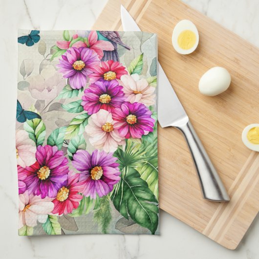 Levendige tropische bloemen kolibries theedoek (Quarter Fold)