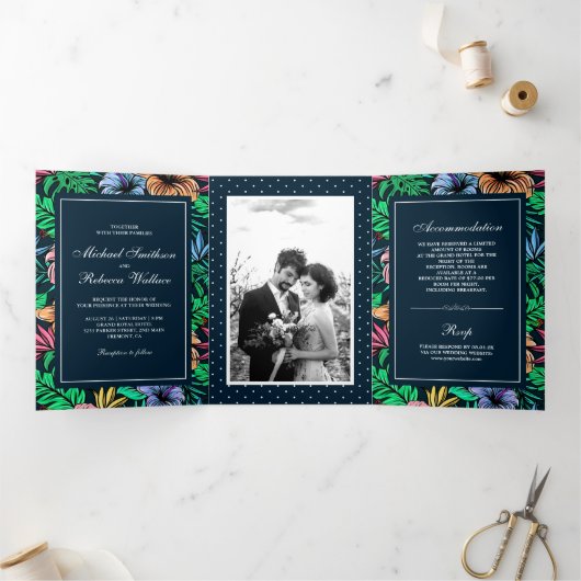 Levendige Tropische Bloemen Tuin Foto bruiloft Drieluik Uitnodiging (Binnen)