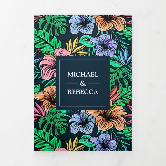 Levendige Tropische Bloemen Tuin Foto bruiloft Drieluik Uitnodiging (Cover)