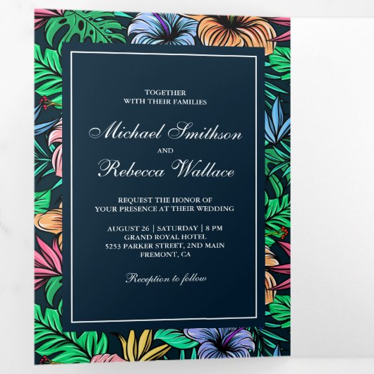 Levendige Tropische Bloemen Tuin Foto bruiloft Drieluik Uitnodiging (Binnenzijde eerst)