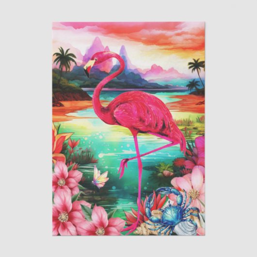 Levendige Tropische Bloemrijke Roze Flamingo Decou Tissuepapier (Voorkant)