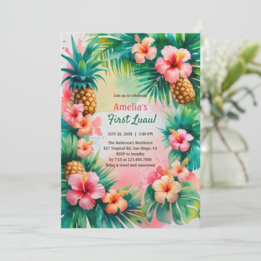 Levendige tropische Hawaiiaanse eerste Luau 1e ver Kaart (Staand voorkant)