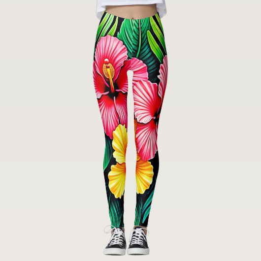 Levendige Tropische Hibiscus Kunst Leggings (Voorkant)