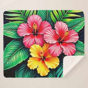 Levendige Tropische Hibiscus Kunst Sherpa Deken