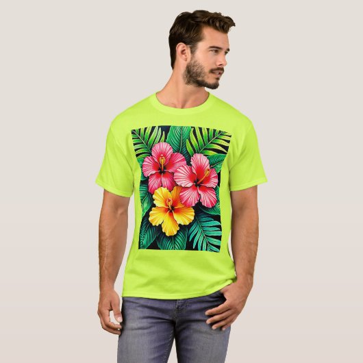 Levendige Tropische Hibiscus Kunst T-shirt (Voorkant volledig)
