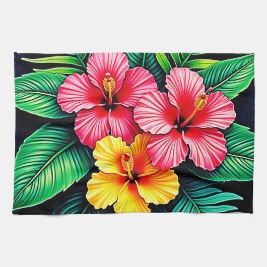 Levendige Tropische Hibiscus Kunst Theedoek (Horizontaal)