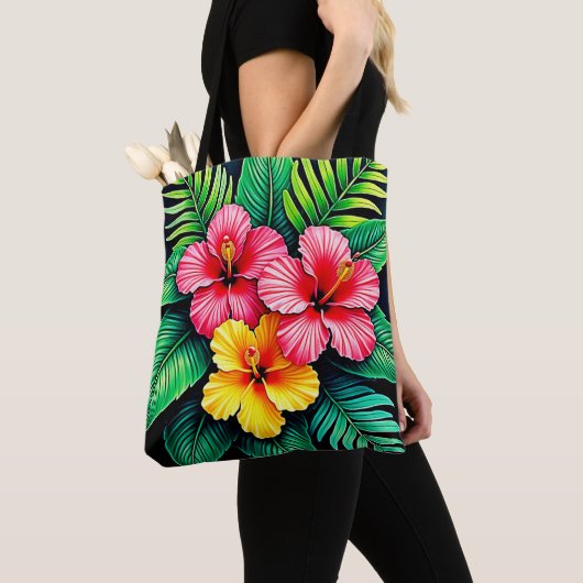 Levendige Tropische Hibiscus Kunst Tote Bag (Dichtbij)