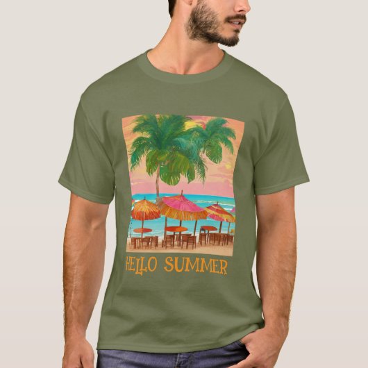 Levendige Tropische Strand Bar Zonsondergang Zomer T-shirt (Voorkant)