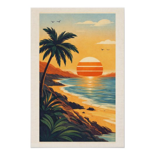 Levendige Tropische Synthwave Zonsondergang Retro Perfect Poster (Voorkant)