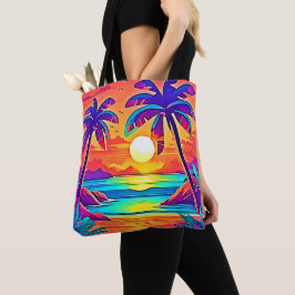 Levendige tropische zonsondergangkunst tote bag