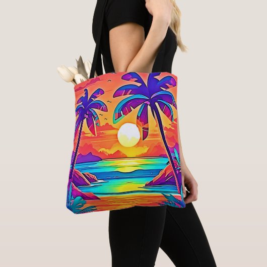Levendige tropische zonsondergangkunst tote bag (Dichtbij)