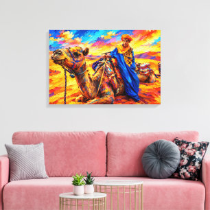 Levendige Tuareg-nomade Woestijn Kameel Olie Schil Canvas Afdruk