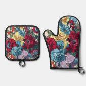 Levendige tuin bloeit kleurrijke  bloemen ovenwant & pannenlap set (Voorkant)