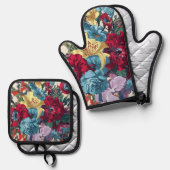 Levendige tuin bloeit kleurrijke  bloemen ovenwant & pannenlap set (Voorkant / Achterkant)