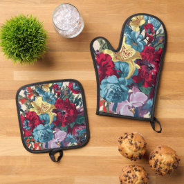 Levendige tuin bloeit kleurrijke  bloemen ovenwant & pannenlap set