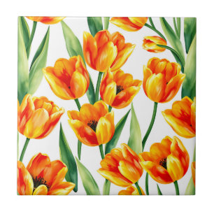 Levendige Tulpen Waterverf Patroon in Heldergeel Tegeltje