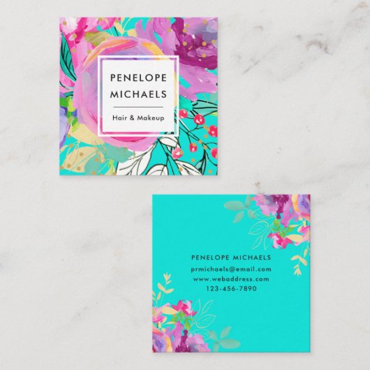 Levendige Turquoise en Paarse Waterverf Bloemen Vierkante Visitekaartje (Voorkant / Achterkant)