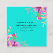 Levendige Turquoise en Paarse Waterverf Bloemen Vierkante Visitekaartje (Achterkant)