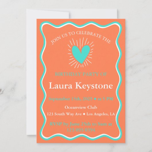 Levendige turquoise, koraal & witte retro Wavy Kaart (Voorkant)