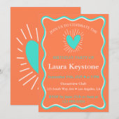 Levendige turquoise, koraal & witte retro Wavy Kaart (Voorkant / Achterkant)