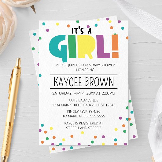 Levendige typografie 'It's a Girl' Baby shower Kaart