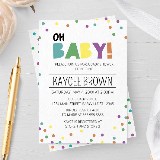 Levendige typografie Oh Baby Baby shower Invitatio Kaart