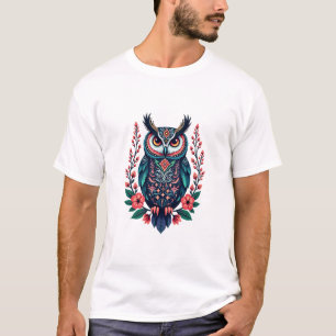 Levendige Uil met Bloemen Details T-shirt