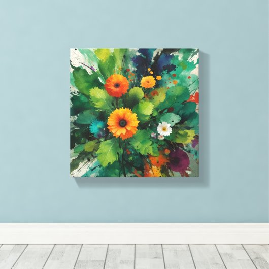 Levendige uitbarsting van calendula en gebladerte canvas afdruk (Insitu (Houten vloer))