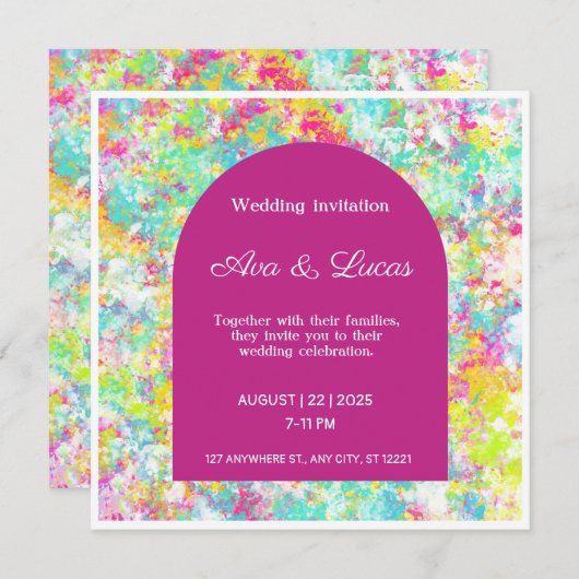 Levendige veelkleurige bruiloft uitnodiging (Voorkant / Achterkant)