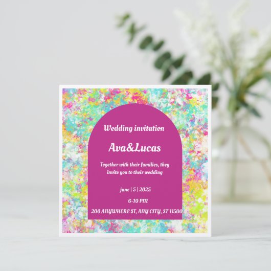 Levendige veelkleurige huwelijksuitnodiging met ve save the date (Staand voorkant)