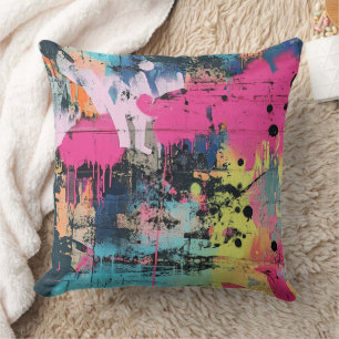 Levendige verfspatten Graffiti Roze Geel Blauw Kussen