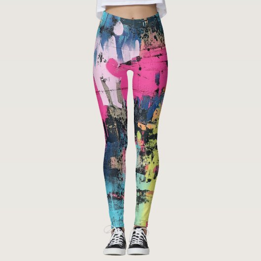 Levendige verfspatten Graffiti Roze Geel Blauw Leggings (Voorkant)