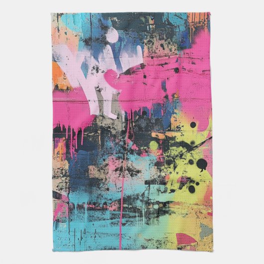 Levendige verfspatten Graffiti Roze Geel Blauw Theedoek (Verticaal)