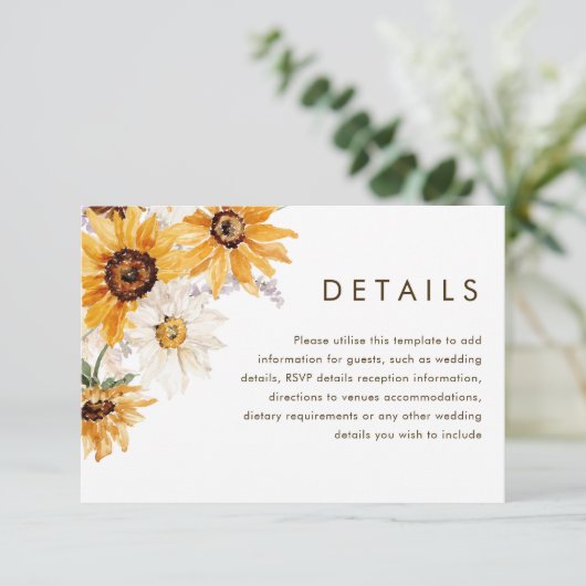 Levendige Vette Zonneschijn Bloemen Trouwdetails Informatiekaartje (Staand voorkant)