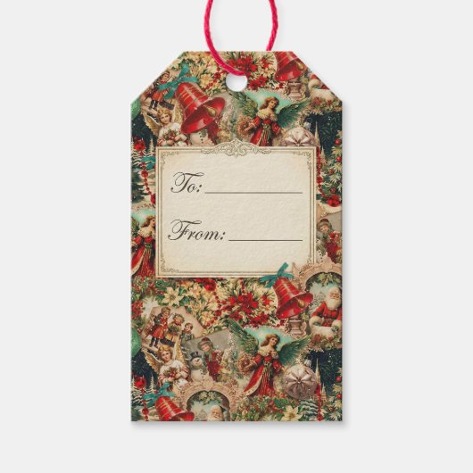 Levendige Victoriaanse Kerstcollage Cadeaulabel (Voorkant)