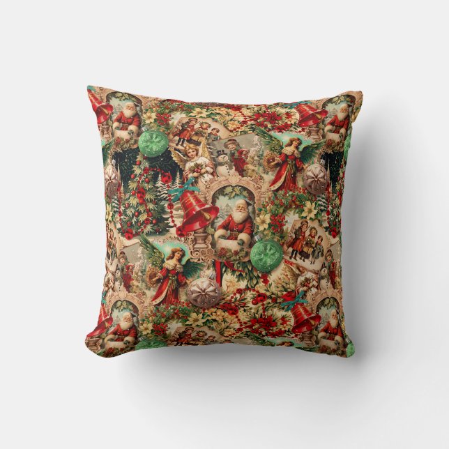 Levendige Victoriaanse Kerstcollage Kussen (Voorkant)