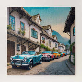 Levendige vintage auto's op een kasseistraat legpuzzel