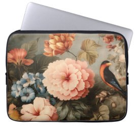 Levendige Vintage Bloem- en Vogel Scene Laptop Sleeve