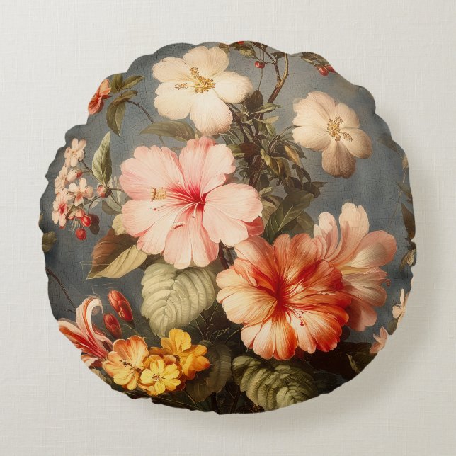 Levendige Vintage Bloemstuk Rond Kussen (Voorkant)