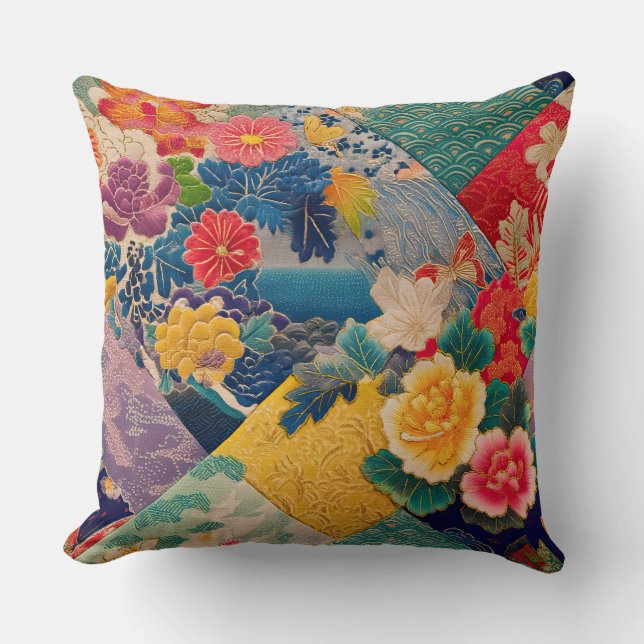 Levendige Vintage Japanse Kimono Bloem Kussen (Voorkant)