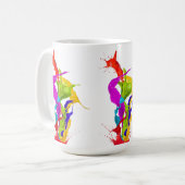 Levendige vloeibare explosie: abstracte verfspatte koffiemok (Voorkant links)
