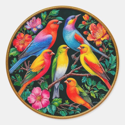Levendige vogels neergestreken op bloeiende takken ronde sticker (Voorkant)