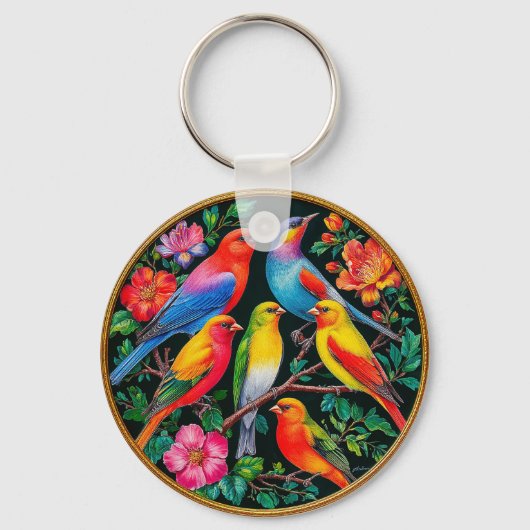 Levendige vogels neergestreken op bloeiende takken sleutelhanger (Voorkant)
