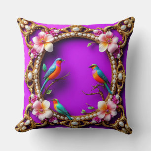 🦜 Levendige Vogels Paarse Bloemrijke Natuur Kunst Kussen