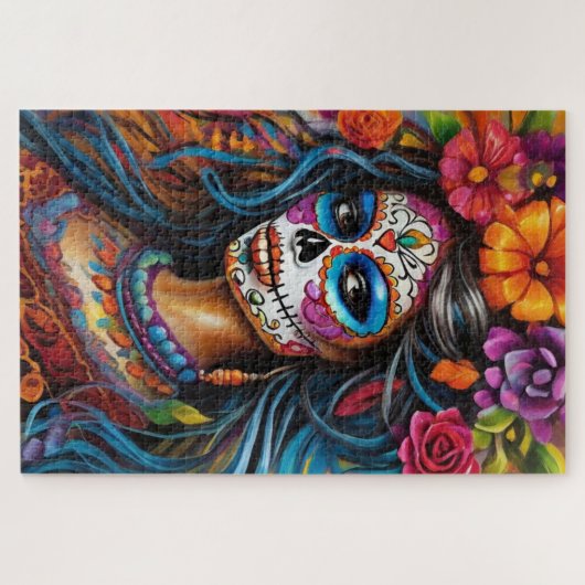 Levendige vrouw in suiker schedel make-up legpuzzel (Horizontaal)