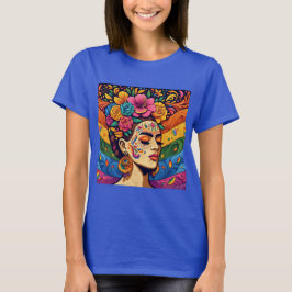 Levendige vrouw met bloemen in haar T-shirt