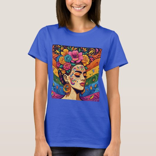 Levendige vrouw met bloemen in haar T-shirt (Voorkant)