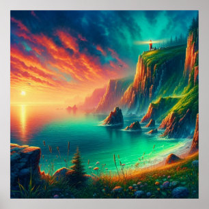 Levendige Vuurkleurige Digitale Kust Zonsondergang Poster
