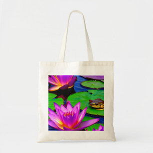 Levendige Water Lelies Lelie Pads en een Kikker Tote Bag